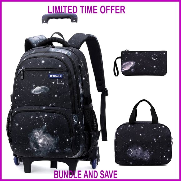 Nylon Rolling Backpack Set with Insulated Lunch Bag for Boys School